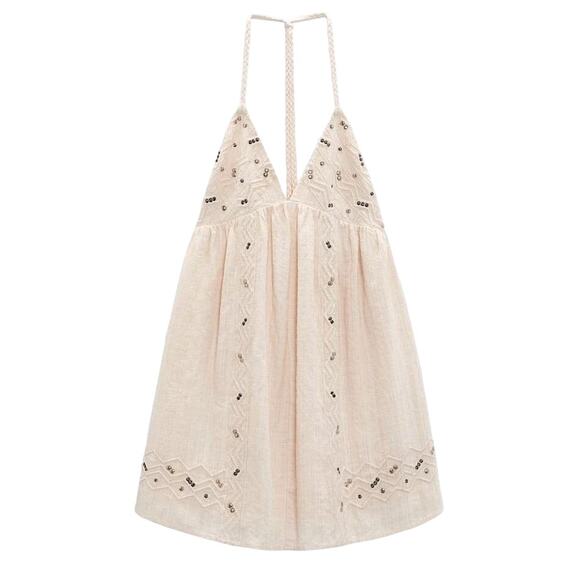 ZARA Mini Dress with Studs Sleeveless V-Neck Braided Straps Ecru White XL NWT - Picture 10 of 10